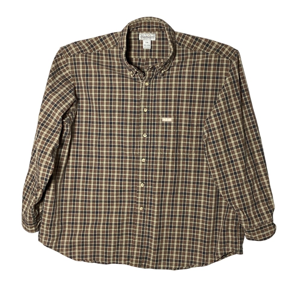 Carhartt Mens Plaid Button Down Shirt Long Sleeve 2XL Brown Cotton Workwear